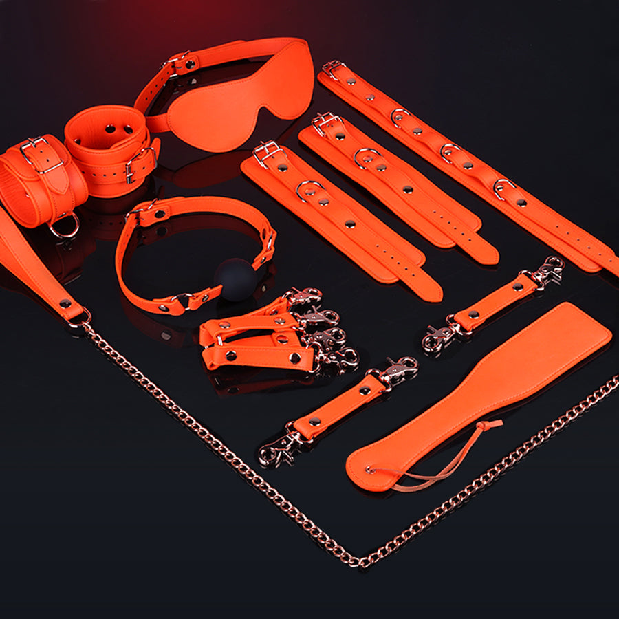 Orange Genuine Leather SM Style 8-Piece Set – Luxury Bondage Kit for Passionate Couples