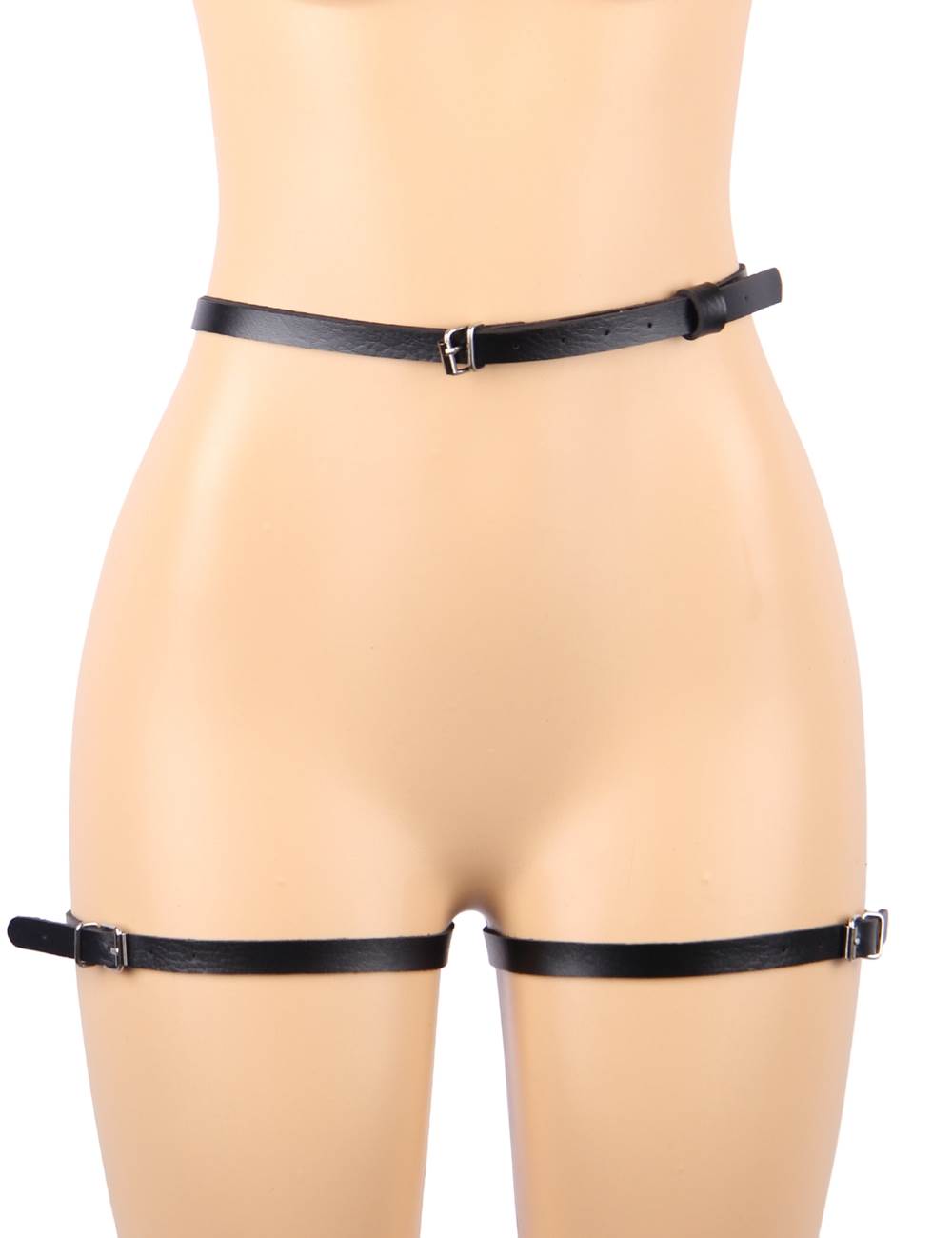 Black faux leather waist harness with cascading chains and adjustable thigh straps over sheer bodysuit