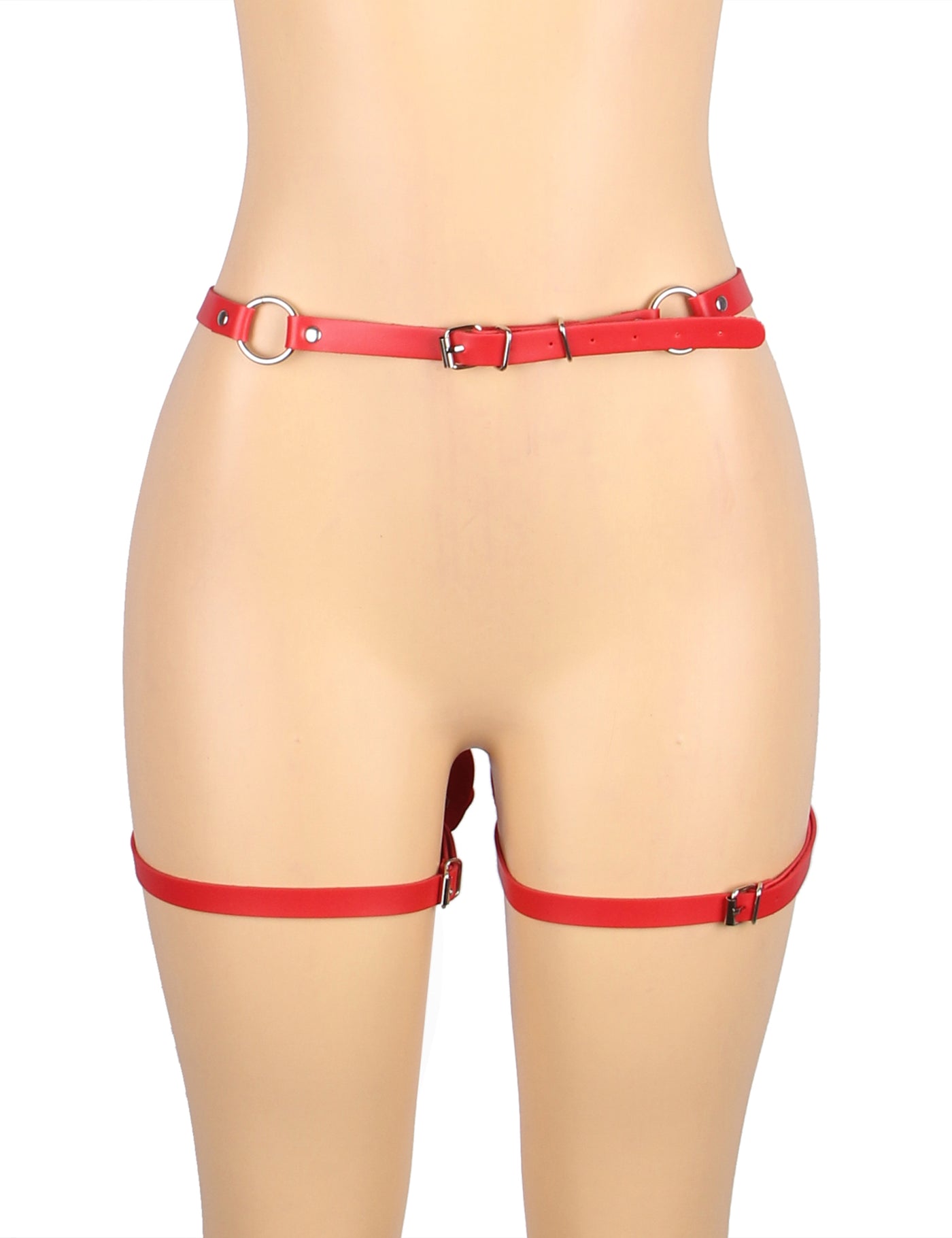 Red faux leather thigh harness set with adjustable waist and leg straps styled over black mesh bodysuit