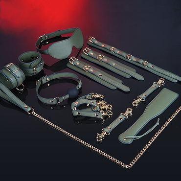 Dark Green Genuine Leather SM Flirting 8-Piece Set – Elegant Bondage Kit for Sophisticated Lovers