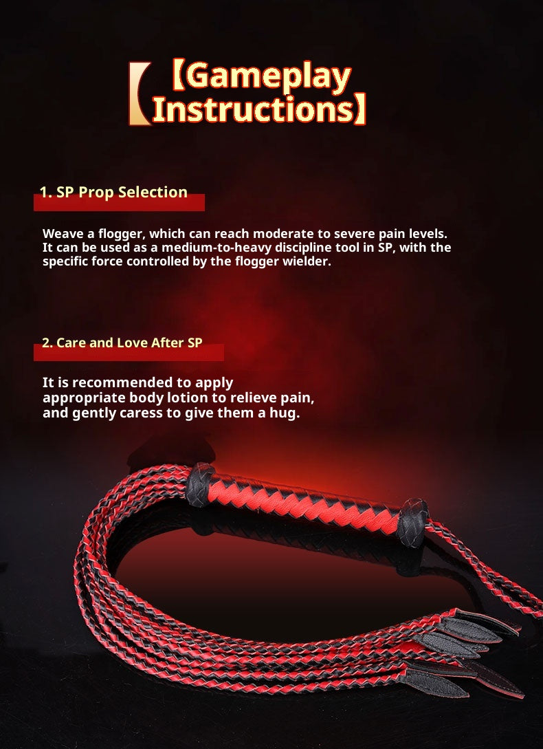 Black & Red Nine-Tailed Whip – 80cm Premium Leather Roleplay Whip