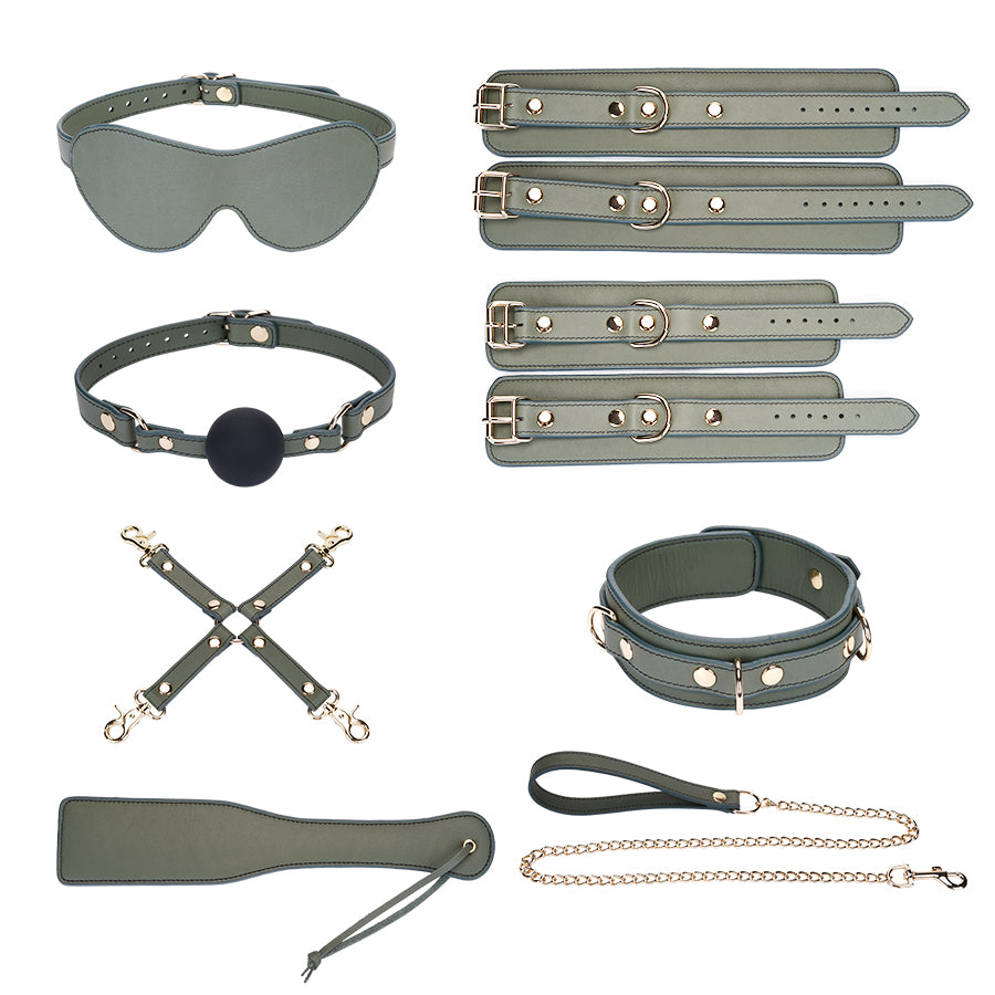 Dark Green Genuine Leather SM Flirting 8-Piece Set – Elegant Bondage Kit for Sophisticated Lovers