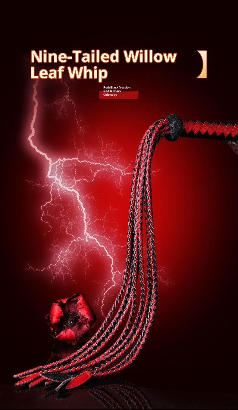 Black & Red Nine-Tailed Whip – 80cm Premium Leather Roleplay Whip